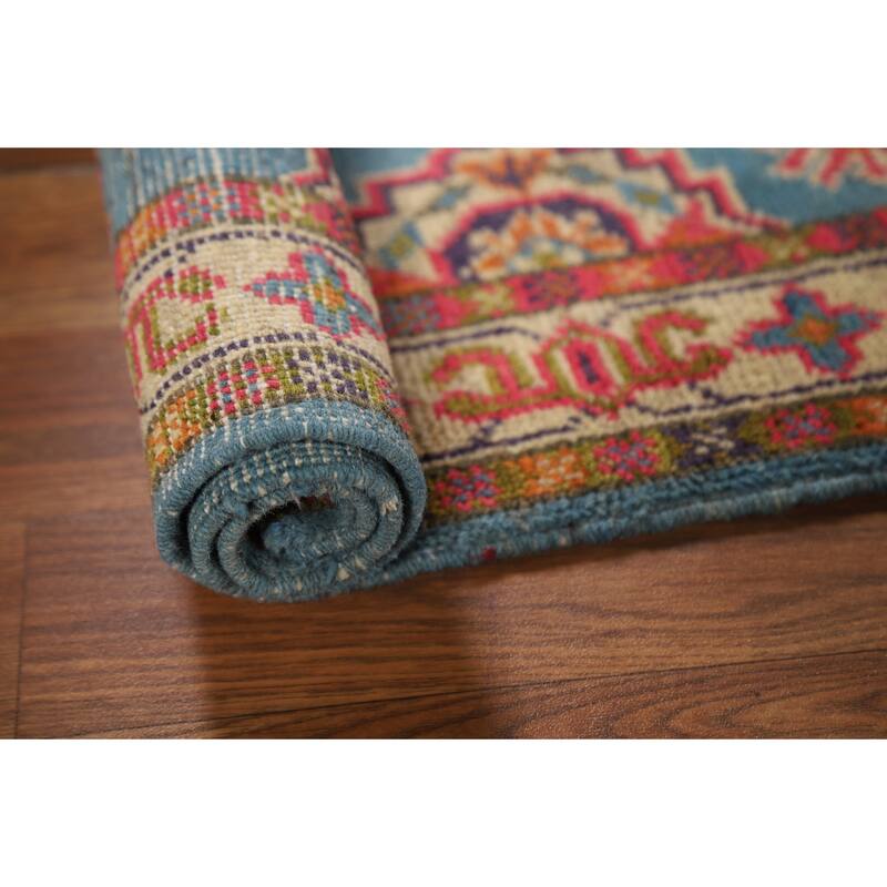 Light Blue Geometric Kazak Foyer Rug Traditional Handmade Wool Carpet - 2'0" x 3'0"