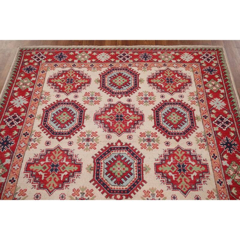 Beige / Ivory Kazak Oriental Area Rug Hand-Knotted Wool Carpet - 4'11" x 6'6"