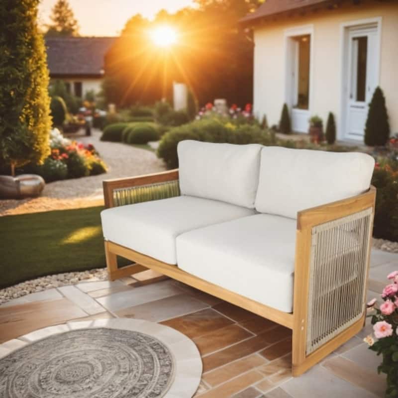 Acacia Wood Outdoor Loveseat with Curved Backrest - Wood