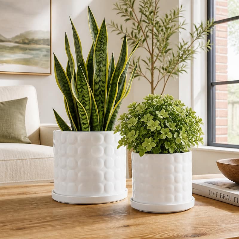 Plant Pot Set of 2 - White Ceramic Round Bubble Garden,7/9in