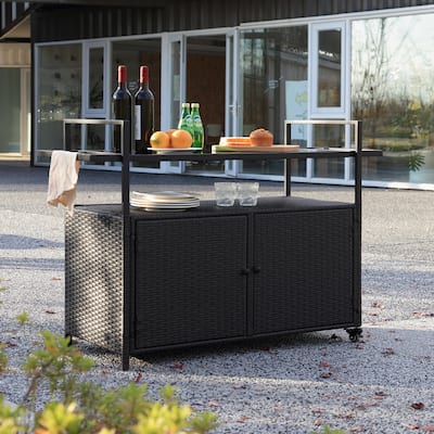 Portable Wicker Outdoor Bar Cart w/Wheels and Storage Cabinet