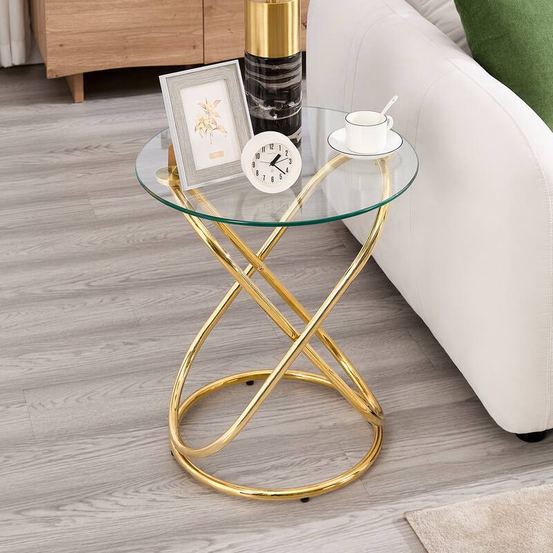 Tempered Glass Round Side/End Table with Metal Legs - 19.7"Dia Top x 21.7"H x 15.6"Dia Base