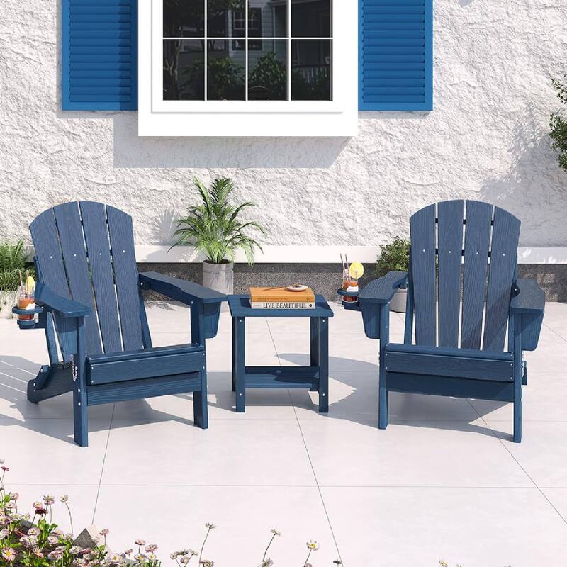 Set of 2 All-Weather HDPE Folding Adirondack Chair For Patios, Decks, Gardens with 1 Table - Blue