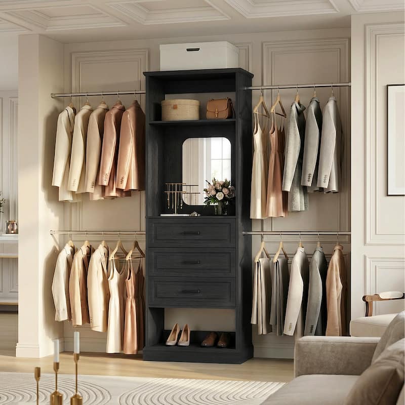 90'' W Closet System with Extendable Hanging Rods & Mirror,Walk-in Closet Organizer System Starter Kit with Drawers