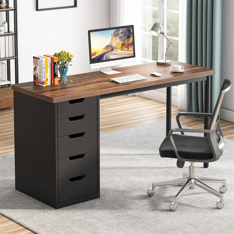 47" Computer Desk with 5 Drawers - Brown+White