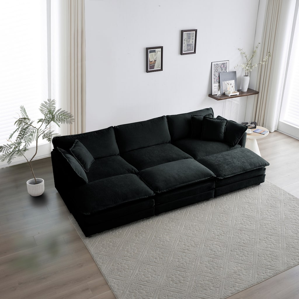 GDFStudio - Orinthia Chenille 3 Seater Sofa with 3 Ottomans with Toss and Arm Pillows
