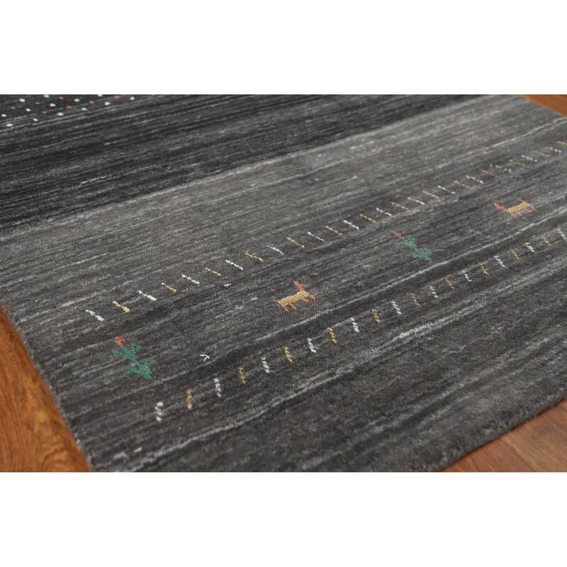 Striped Tribal Gabbeh Indian Runner Rug Hand-Knotted Wool Carpet - 3'0" x 10'2" - 3'0" x 10'2" - Grey