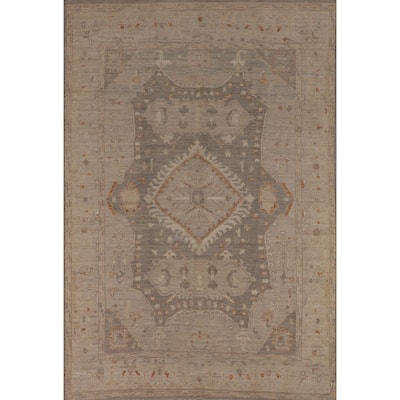 Vegetable Dye Oushak Turkish Rug Handmade Oriental Beige Wool Carpet - 5'11"x 8'8"