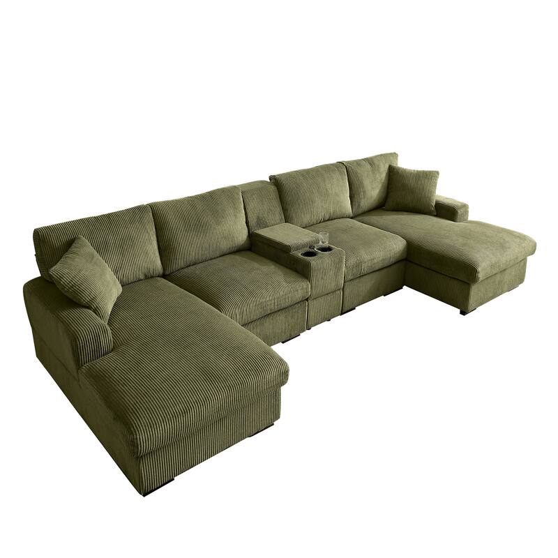 Modern Memory Foam Couch Corduroy U-shaped Sectional Sofa with Storage Console, Cup Holders and USB Ports for Living Room
