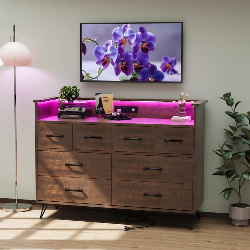 8 Drawer Dresser for Bedroom with LED Light, Charging Station & Open Shelf