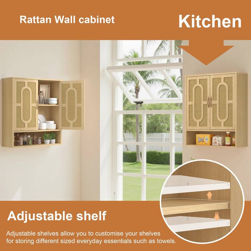 Javlergo Rattan Oak Wall Mounted Bathroom Storage Cabinet with Adjustable Shelves & Open Shelf Double Door Medicine Cabinet