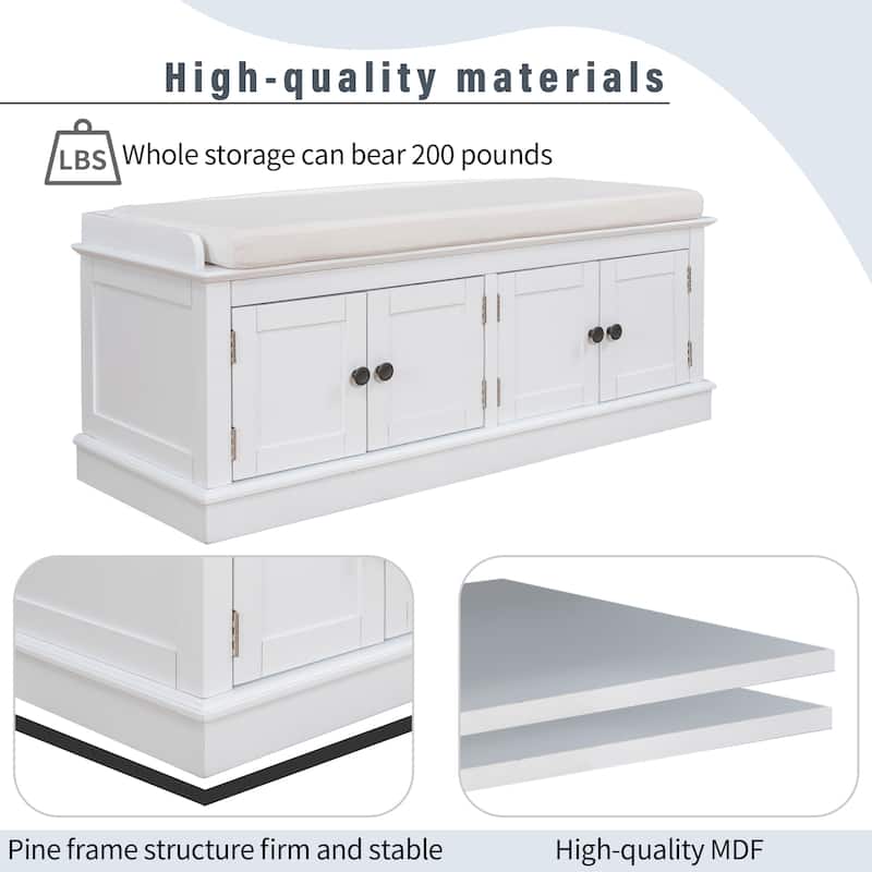 4-door Storage Bench with Adjustable Shelves and Removable Cushion - 42.7"L x 15.9"W x 17.4"H