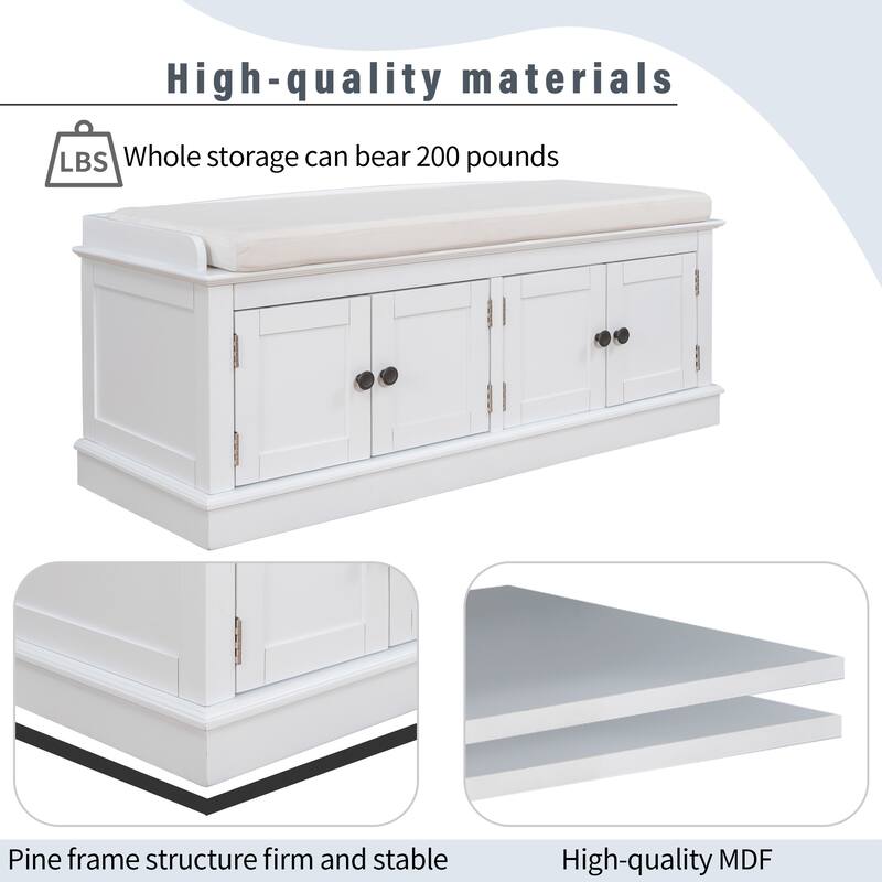 Storage Bench with 4 Doors and Adjustable Shelves with Removable Cushion (Antique Navy)