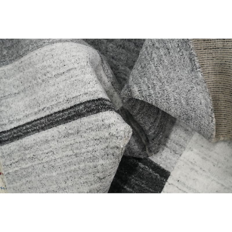 Hand Knotted Oriental 100% Wool Carpet Tribal Geometric Greys & Charcoal Gabbeh Area Rug - 7' 7'' X 5' 3''