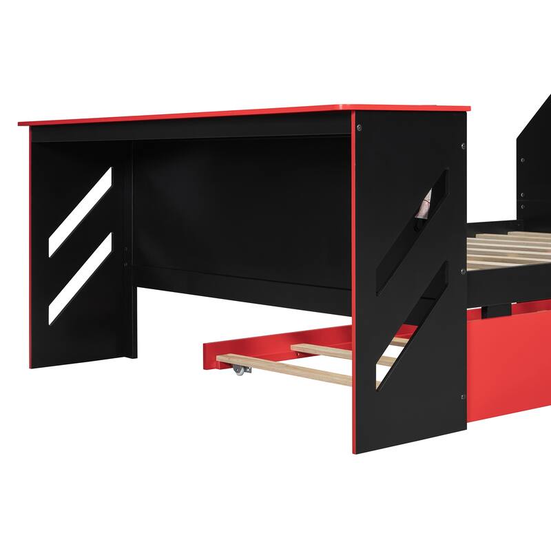 Modern Wood Daybed with Twin Trundle, Desk, and USB Port in Red