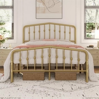 Full Bed Frames Metal Platform Bed with Arched Headboard Antique Gold ...