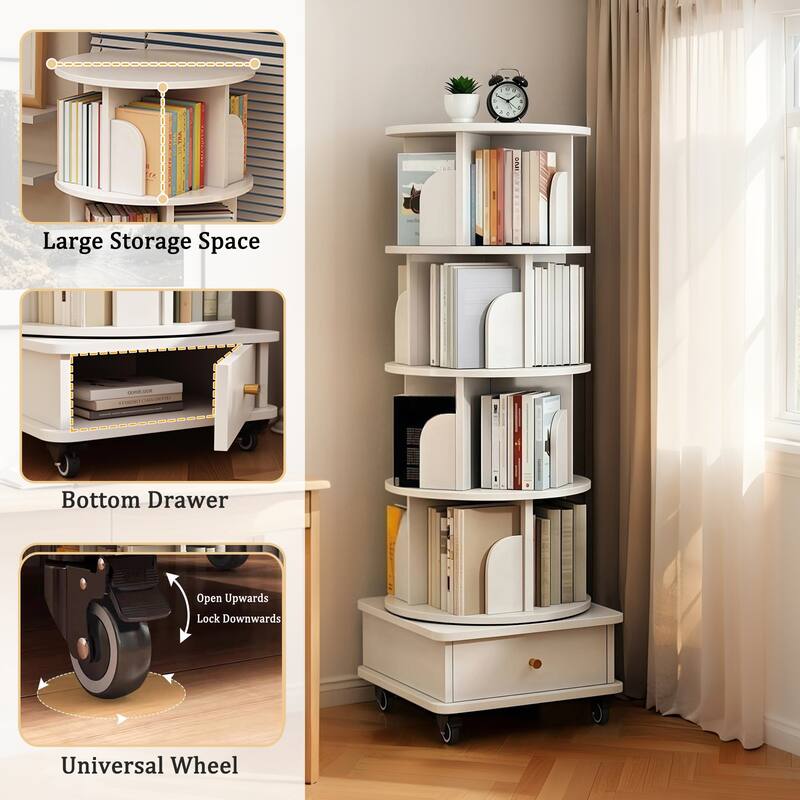 360 Degree Rotating Bookshelf Corner Storage Shelf with Drawer for Living Room Bedroom Office