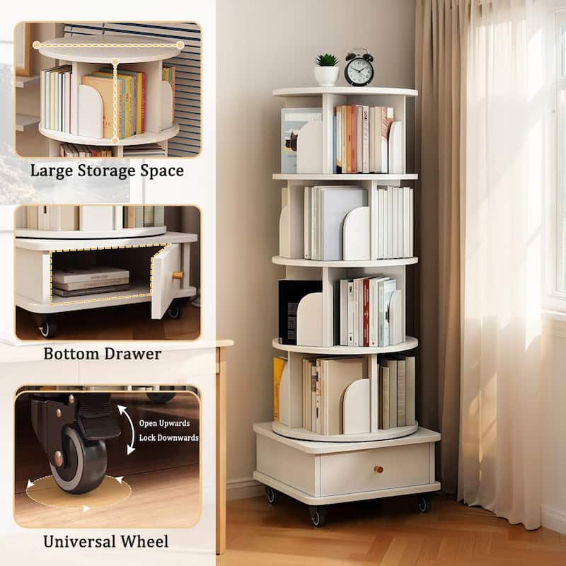 GDF Studio - Purling Modern 5-Tier Wood 360-Degree Rotating Bookshelf with Drawer Storage