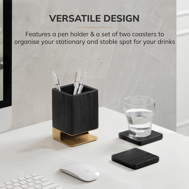 Jani Wooden Pen Cup Holder with 2 Coasters - Stained Mango Wood & Powder-Coated Metal Organizer for Home, Office & Living Spaces
