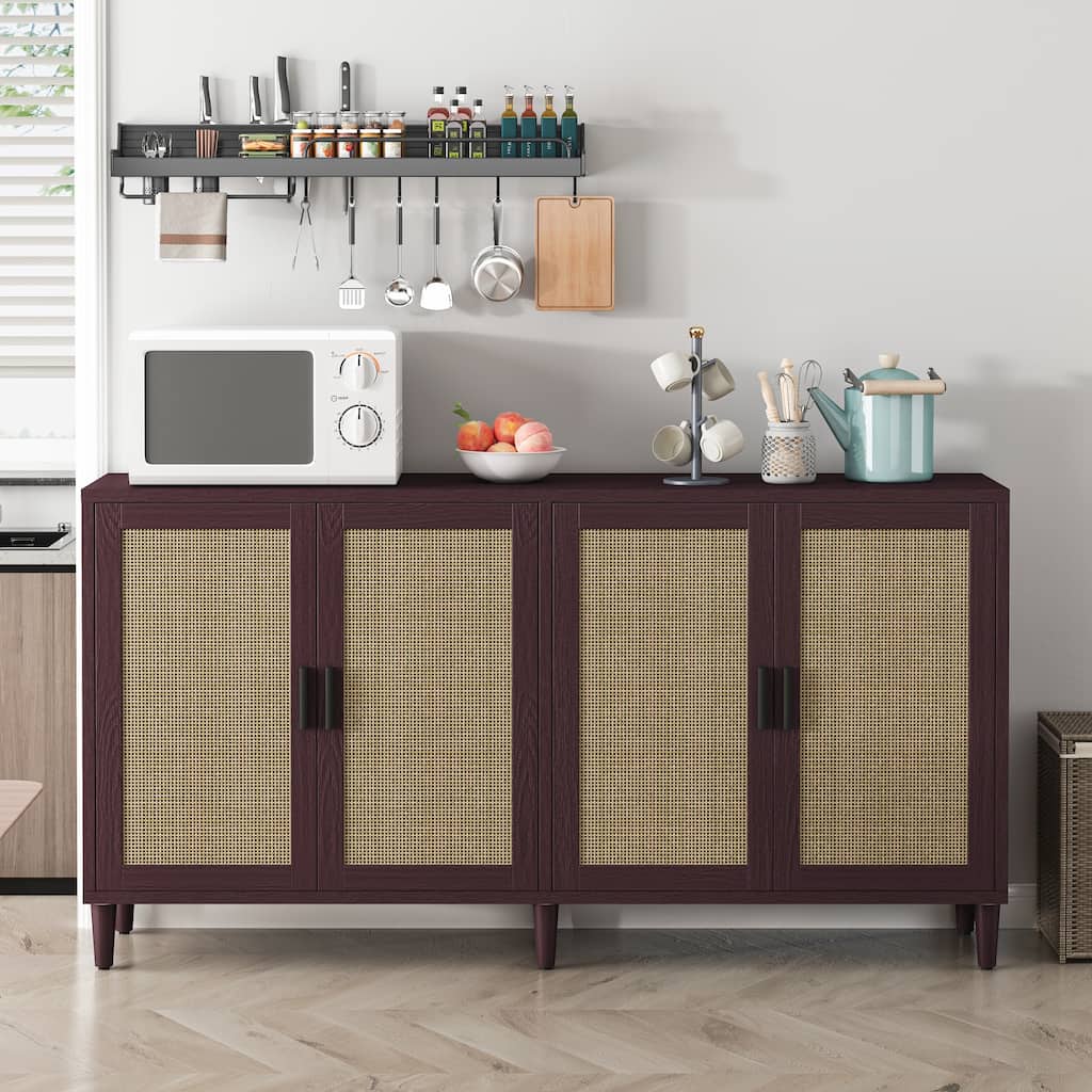 Rattan Buffet Cabinet with Storage, 4-Door Sideboard Buffet Cabinet with Adjustable Shelves for Kitchen, Living Room