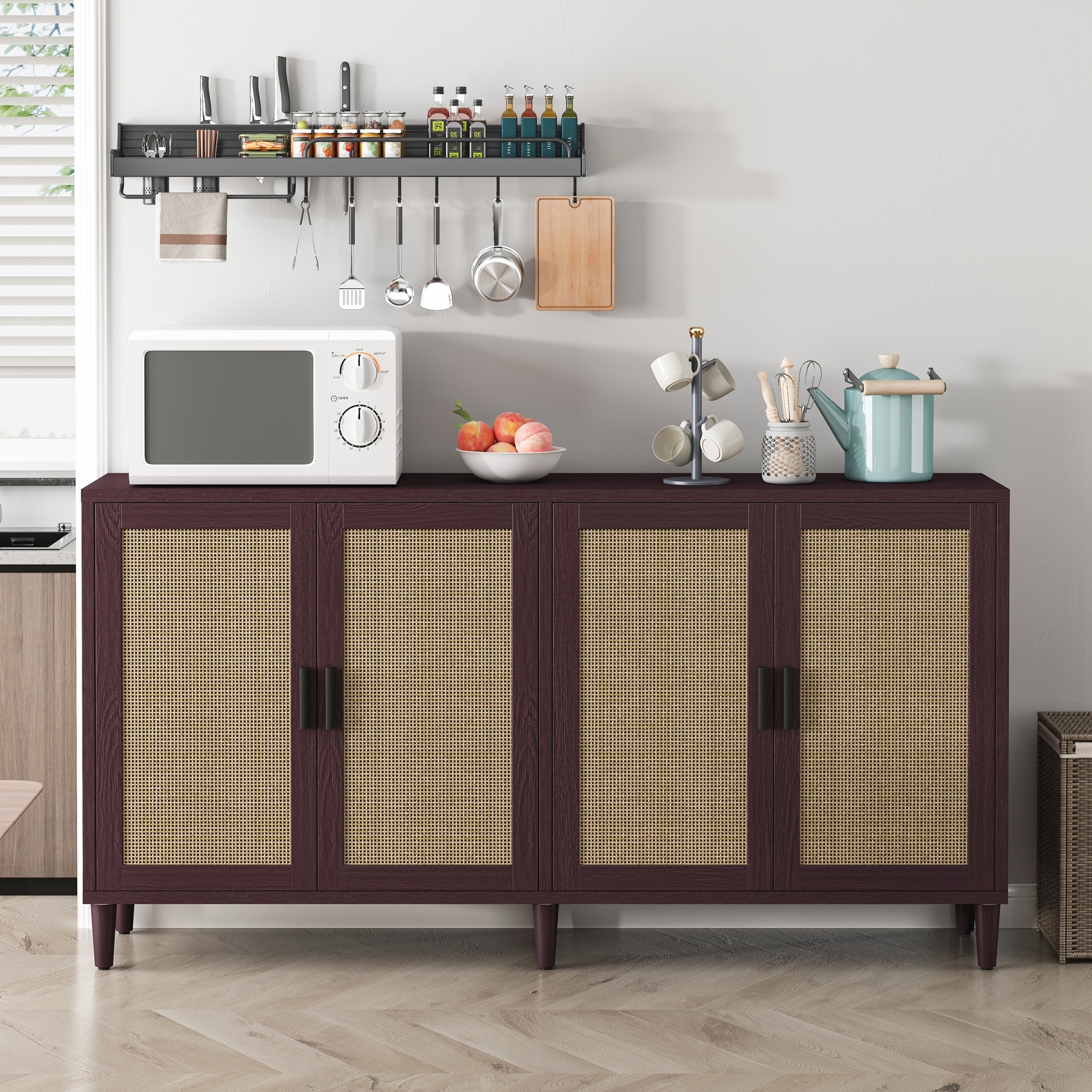 Rattan Buffet Cabinet with Storage, 4-Door Sideboard Buffet Cabinet with Adjustable Shelves for Kitchen, Living Room