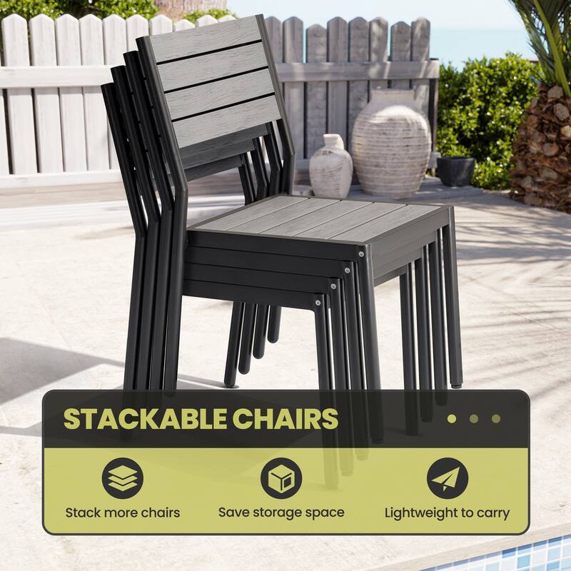 7-Piece Patio Outdoor Dining Set Aluminum Rectangle Table with Umbrella Hole and Stacking Chairs