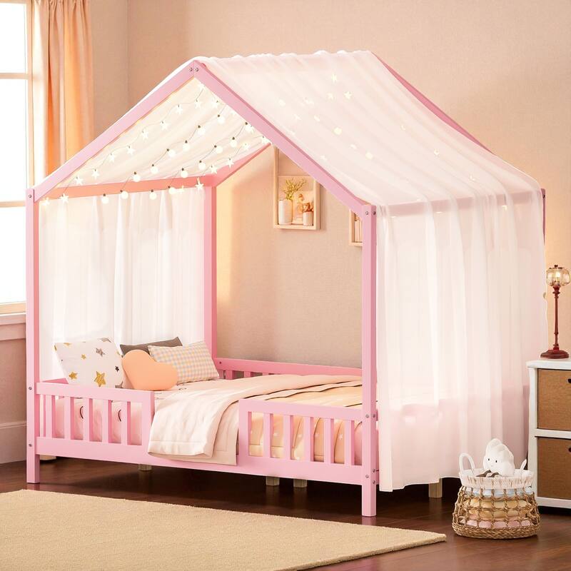 Montessori House Bed with Canopy, Twin/Full Kids Floor Bed Frame with High Railings, Wooden Roof Bed for Toddlers and Children