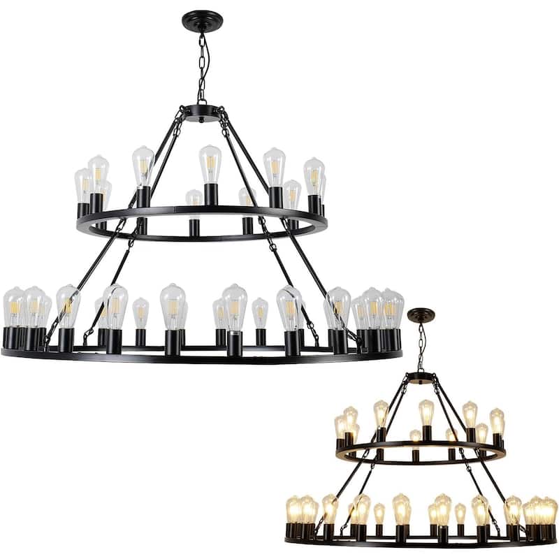 52"Extra Large Wagon Wheel Chandelier, 2 Tier 36-Lights Round High Ceiling Pendant Light Adjustable Chain - Matte Black