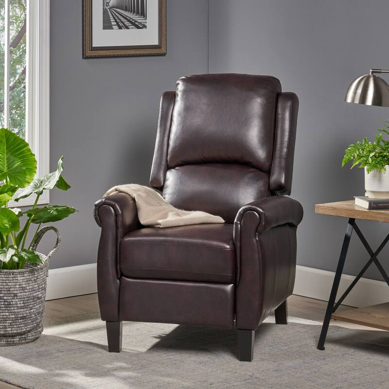 Roomfitters Faux Leather Push-Back Recliner Chair with Rolled Arms and Tapered Legs, Classic Lounger for Living Room, Dark Brown