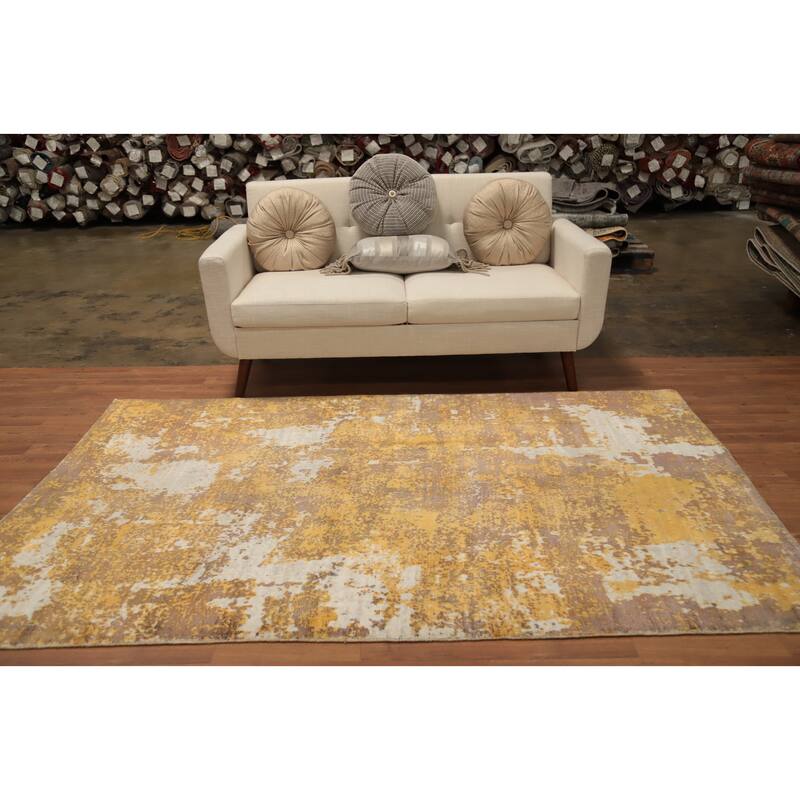 Hand Knotted Oriental Viscose Silk Carpet Modern Abstract Yellow & Gold Abstract Area Rug - 7' 10'' X 4' 11''