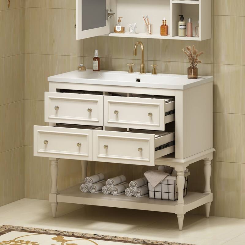 36 inch MDF Freestanding Bathroom Vanity with Integrated Ceramic Sink and Drawers - 36'' x 18'' x 34''