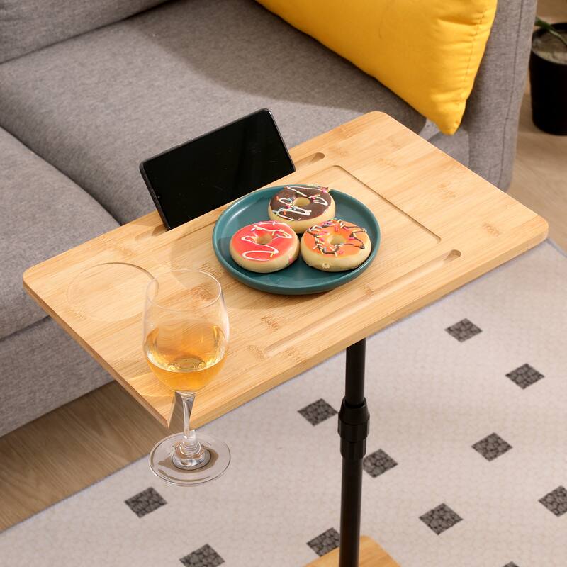 Couch Tray Table Bamboo Height Adjustable Side Table for Sofa C-shaped Oval End Tables