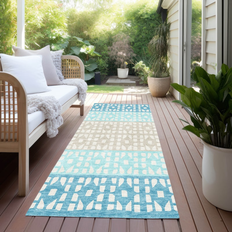 Machine Washable Indoor/ Outdoor Stripe Geo Chantille Rug - Teal - 2'3" x 7'6"