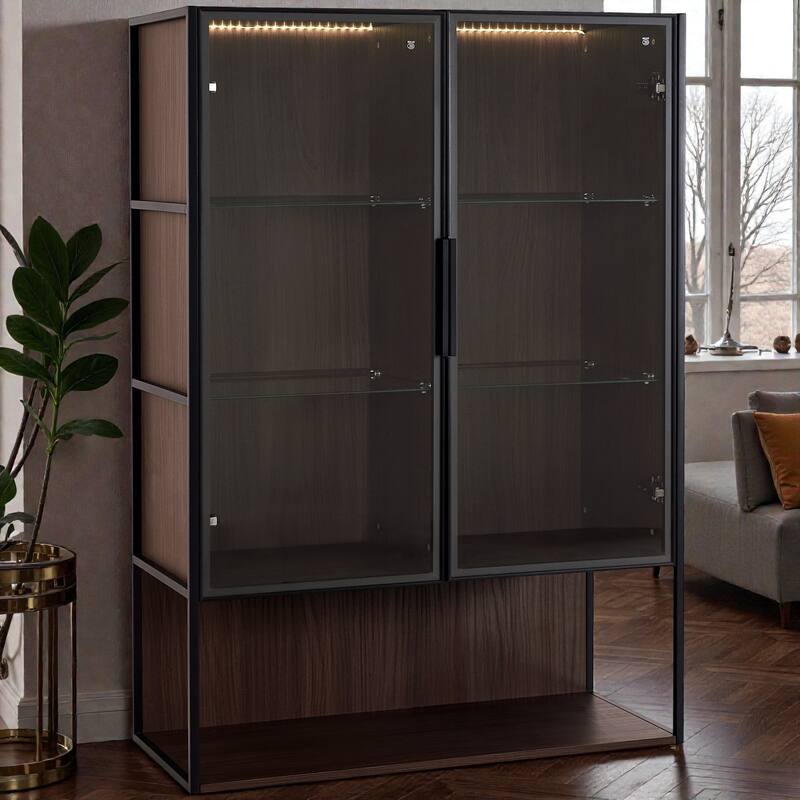 51.2'' Lighted Display Cabinet with Glass Doors, 4-Tier Adjustable Tempered Shelves & Metal Frame for Living Room or Kitchen