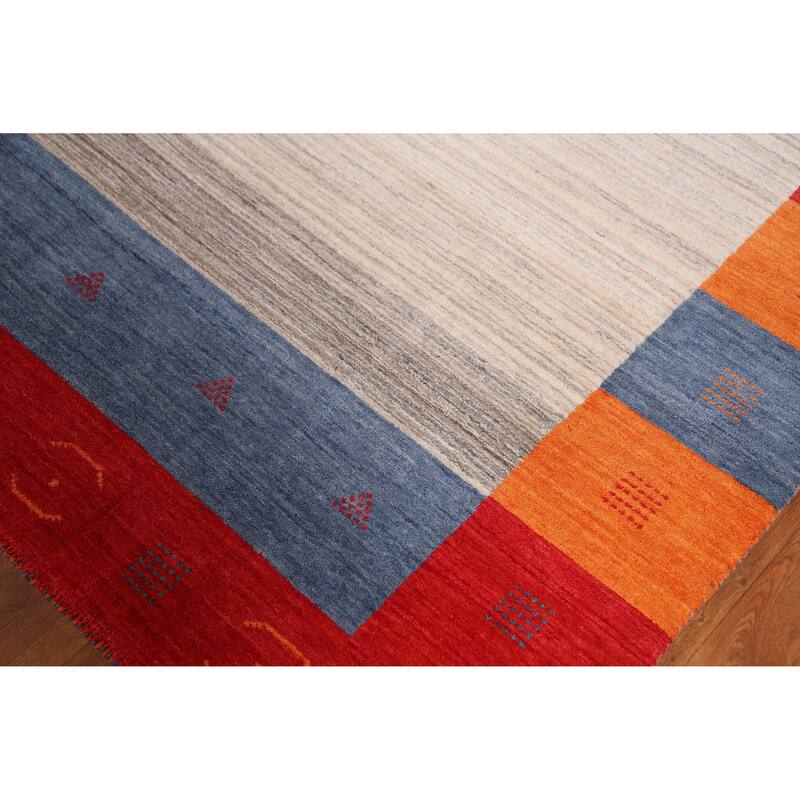 Hand Knotted Oriental 100% Wool Carpet Tribal Bordered Beige & Ivories Gabbeh Area Rug - 7' 11'' X 6' 9''