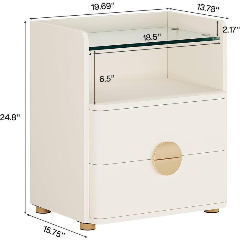 White MDF Glass Nightstand with Gold Metal Legs and Storage Drawers