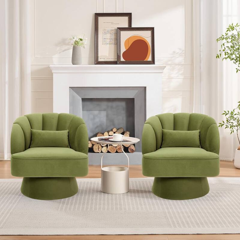 Modern Swivel Barrel Accent Chair, 360° Upholstered Armchair with Striped Backrest & Plush Padding