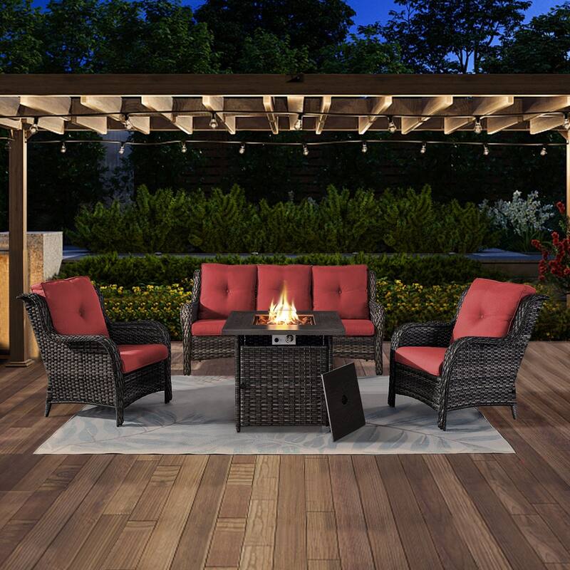 Gymojoy 4-Piece Outdoor Wicker Patio Furniture with Fire Pit Table, Rattan Coversation Set with Water Resistant Thick Cushions - Grey Wicker / Red Cusion - 4-Piece
