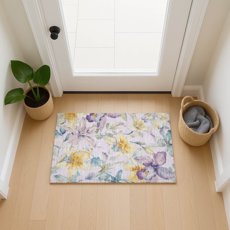 Machine Washable Indoor/ Outdoor Modern Floral Chantille Rug