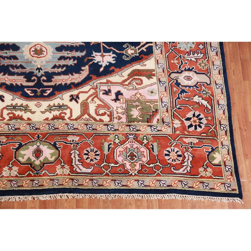 Hand Knotted Oriental 100% Wool Carpet Traditional Medallion Navy Blue & Blues Heriz (serapi) Area Rug - 13' 10'' X 9' 11''