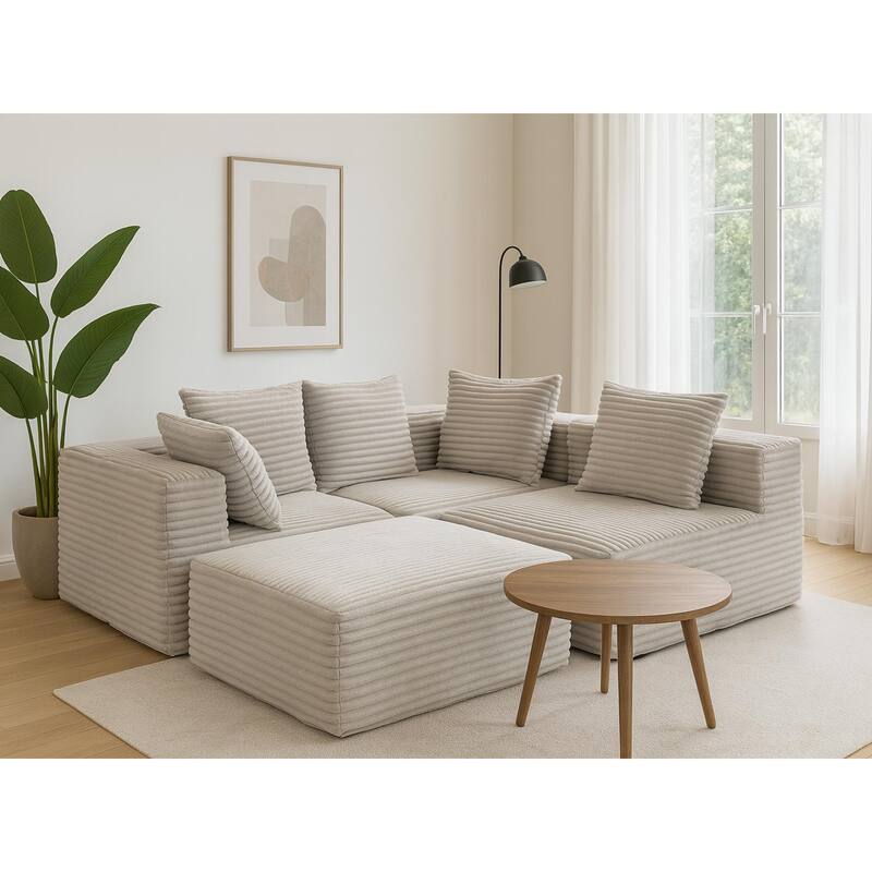 Floor Standing Deep Seat Sofa Corduroy Modular L-shaped Sectional Sofa with Chaise Lounge Compressed Sofa with Ottoman