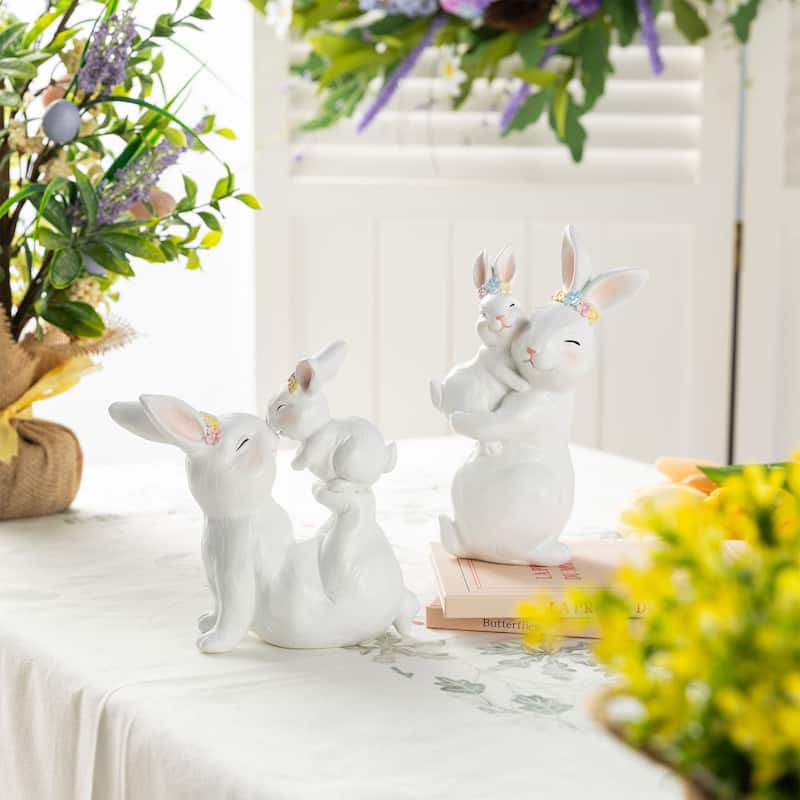 Glitzhome Set of 2 Easter Resin Bunny Table Decor Rabbits Figurines Party Ornaments