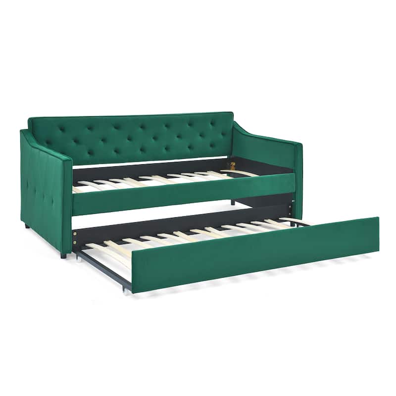 Twin Size Daybed with Twin Size Trundle Upholstered Tufted Sofa Bed, Waved Shape Arms, Grey (80.5"x44.5"x33.5")