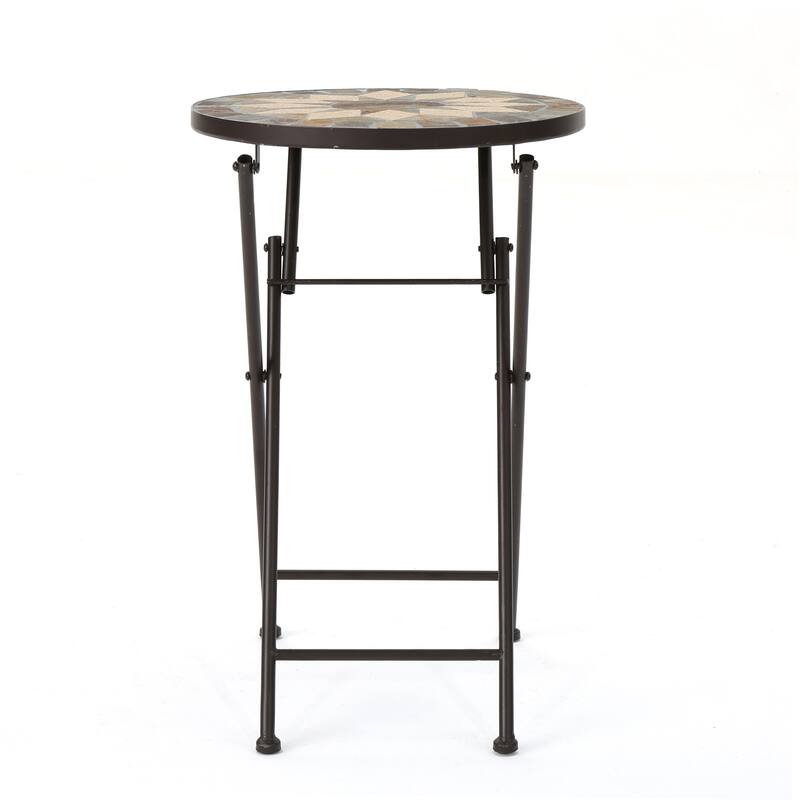 Roomfitters End Table, Round Mosaic Outdoor Side Table with Folding Metal Frame for Patio or Garden, Beige+Black