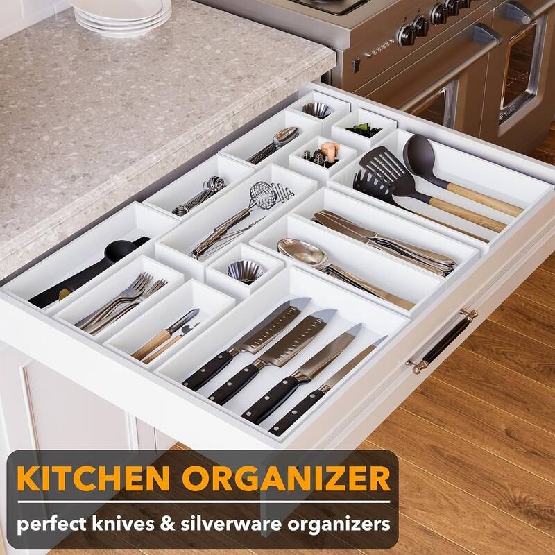 14-Piece Bamboo Drawer Organizer Storage Boxes Set, Wood Tray Junk Drawer Organizers Multi-Use Divider Bins