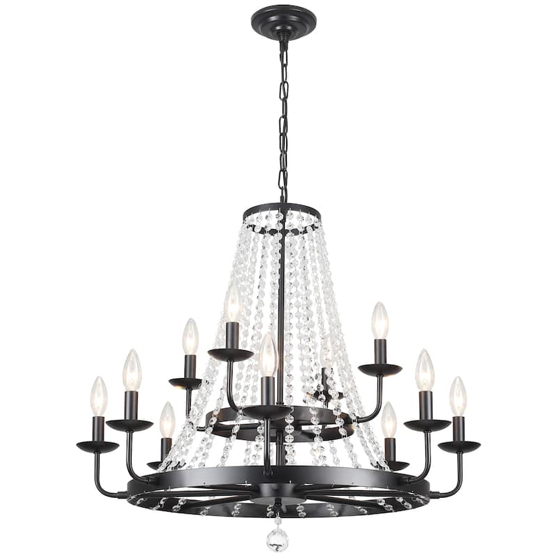 12-Light 29.52-inch Crystal Round Wagon Wheel Chandelier for Dining Room