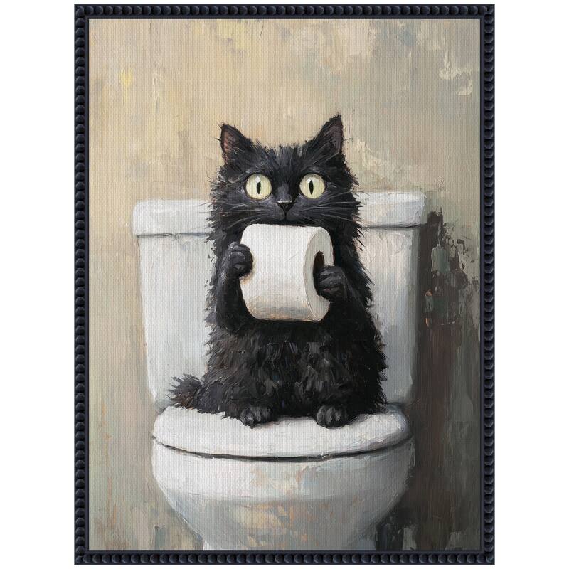Kate and Laurel Sylvie Funny Black Cat Toilet Paper Roll Toilet Bathroom Art Framed Canvas by The Creative Bunch Studio