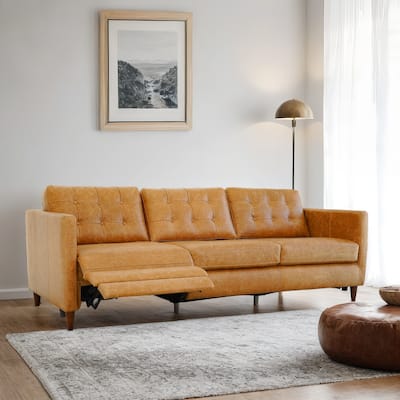 Ellis Mid-Century Modern Genuine Leather Power Incliner Sofa in Waxy Tan