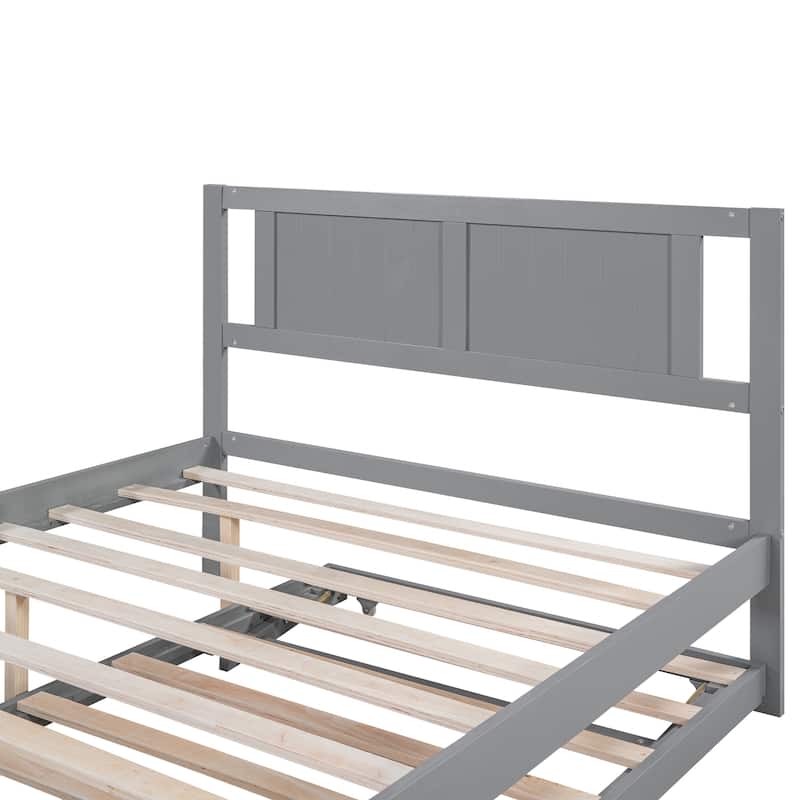 Full Size Platform Bed with Adjustable Trundle, Wooden Bed Frame