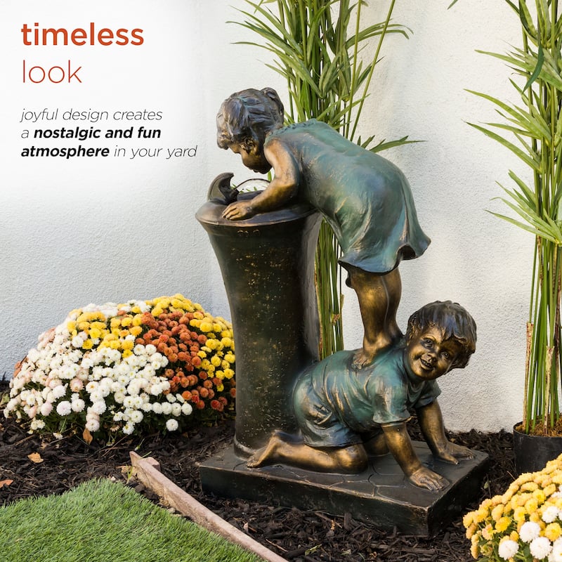 Alpine Corporation Outdoor Floor Joyful Boy and Girl Drinking Water Fountain, Playful Garden Waterfall with LED Lights